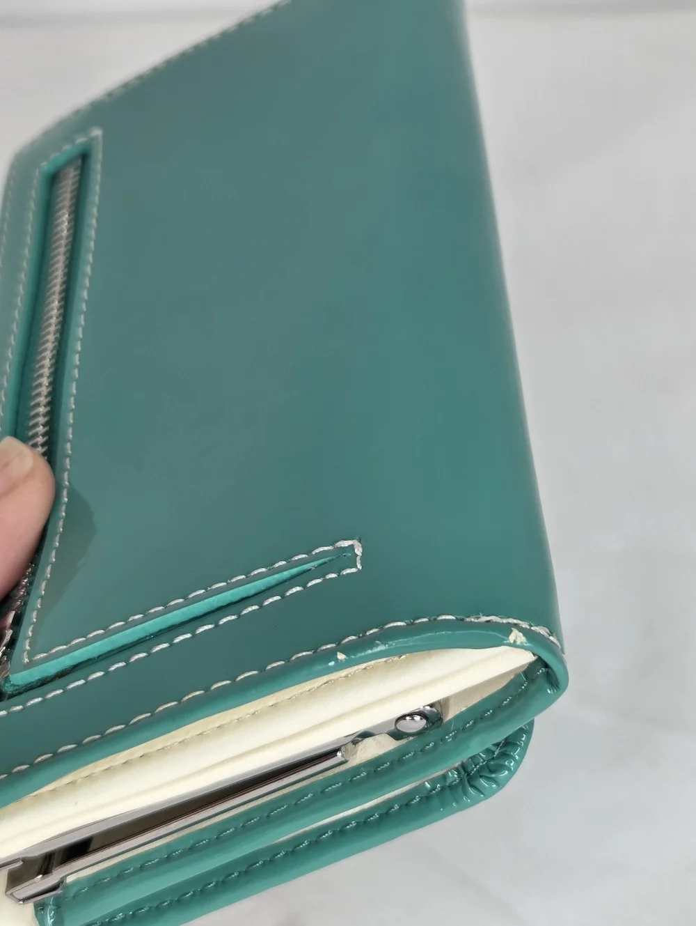 Ted Baker Turquoise Patent Leather Zip Wallet withSilver Accents/Floral Interior - Picture 7 of 14